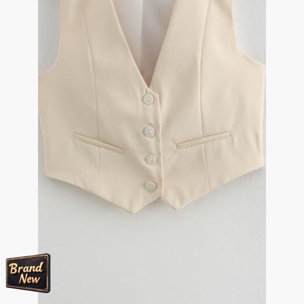Cropped Suit Vest V-Neck Button Up Business Casual Waistcoat Blazer Top - Picture 4 of 7